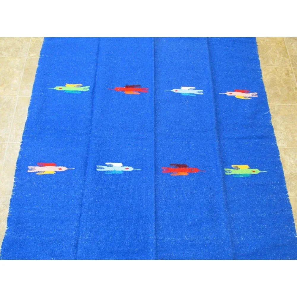 Vtg Mexican Blanket Go Londrina thunderbird  knit artisan Handwoven Blue Rug